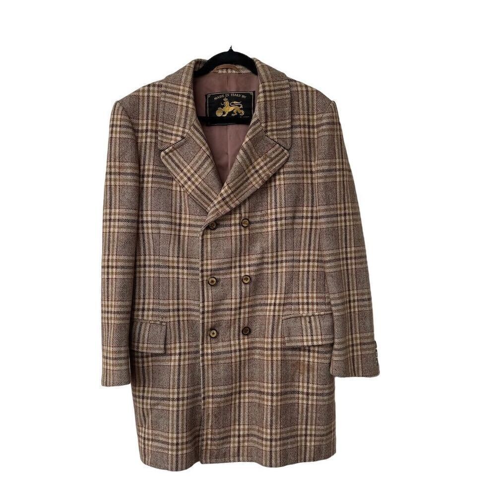 Vintage Herman Phillips Plaid Wool Double-Breasted Coat Brown Unisex with flaws